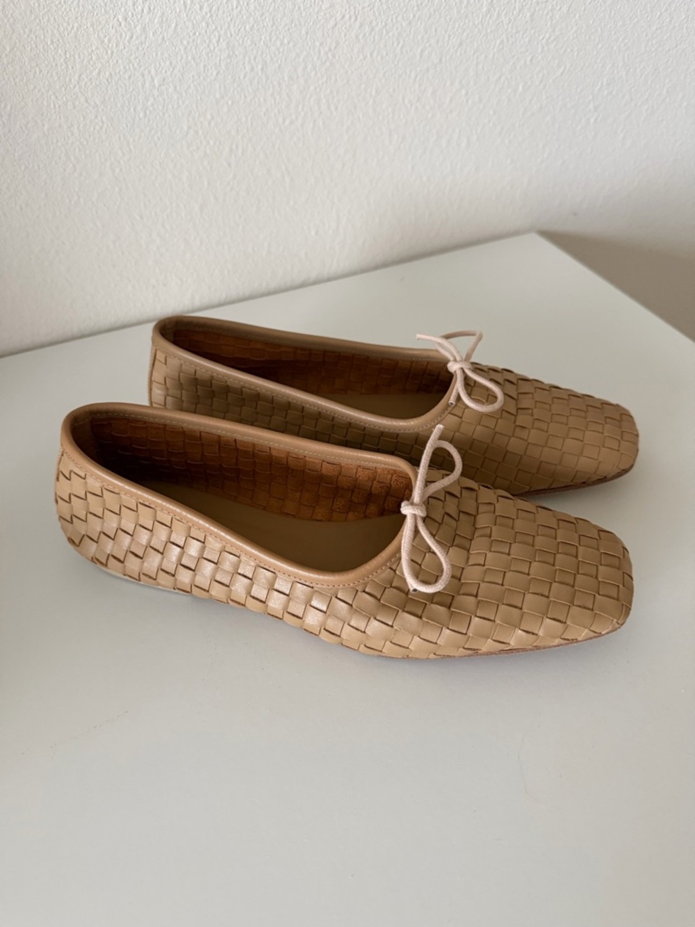 Freda Salvador Jada Leather Woven Ballet Flats in Latte